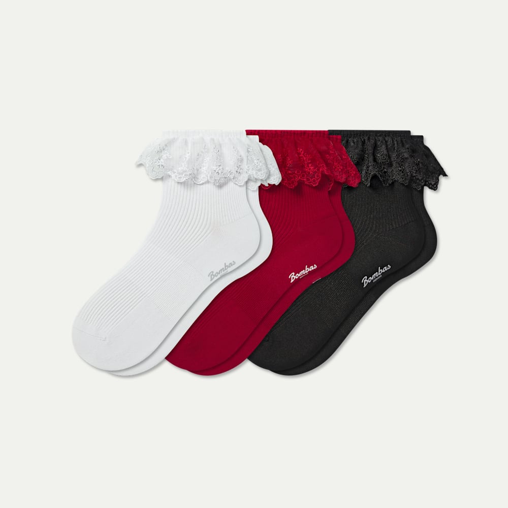 Ruffle Lace Quarter Socks - white red mix L [10209]
