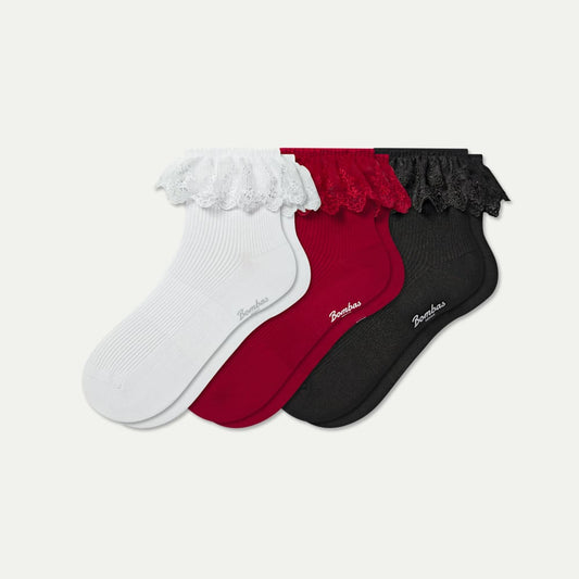 Ruffle Lace Quarter Socks - white red mix L [10209]
