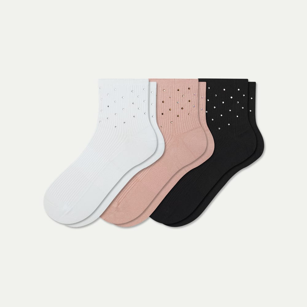 Women’s Rhinestone Rib Quarter Sock 3-Pack - apricot mix L [10289]