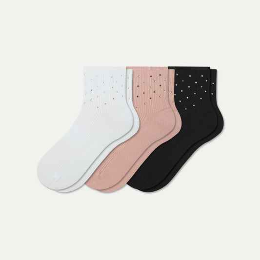 Women’s Rhinestone Rib Quarter Sock 3-Pack - apricot mix L [10289]