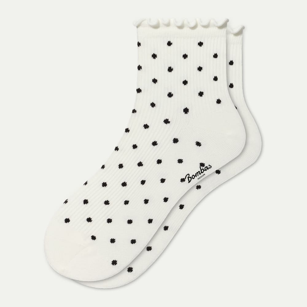 Ruffle Rib Quarter Socks - White Polka Dot L [11328]