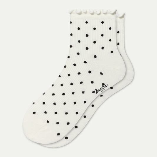 Ruffle Rib Quarter Socks - White Polka Dot L [11328]