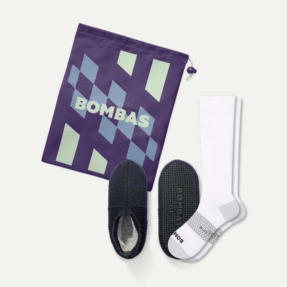 Men's Travel Compression Sock and Gripper Slipper 2-Pack - Bright White Navy Mix L
