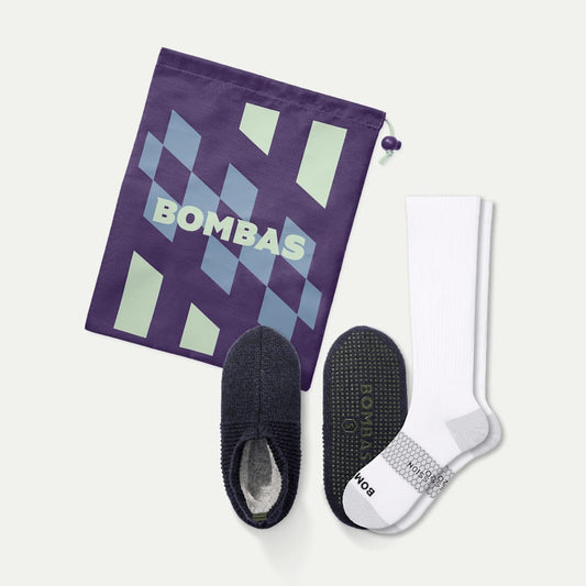 Men's Travel Compression Sock and Gripper Slipper 2-Pack - Bright White Navy Mix L