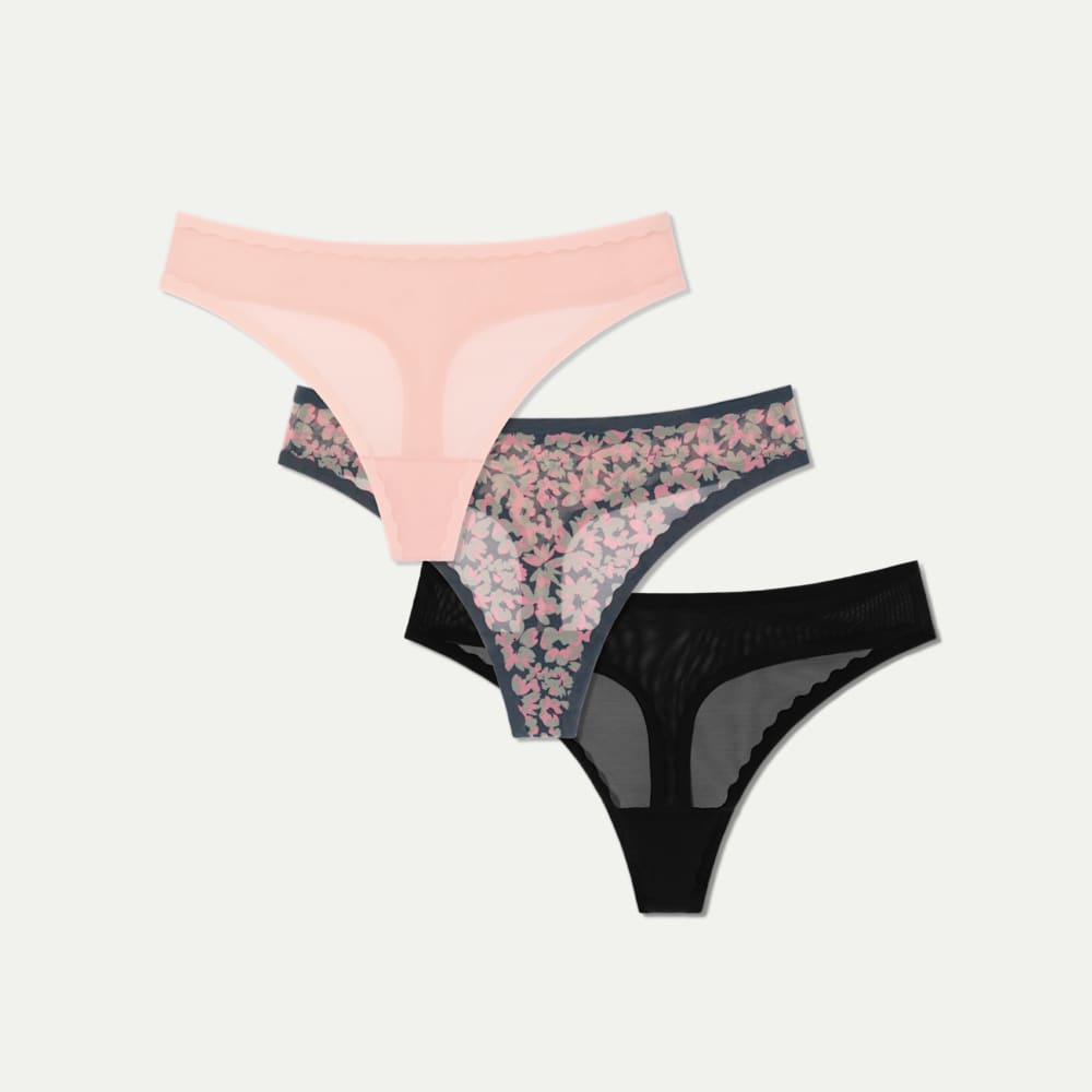 Women's SoftMesh Thong 3-Pack - Floral Pink Black Mix L