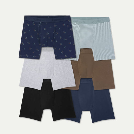 Men's Cotton Modal Blend Boxer Brief 6" 6-Pack - Palm Sea Storm Mix L