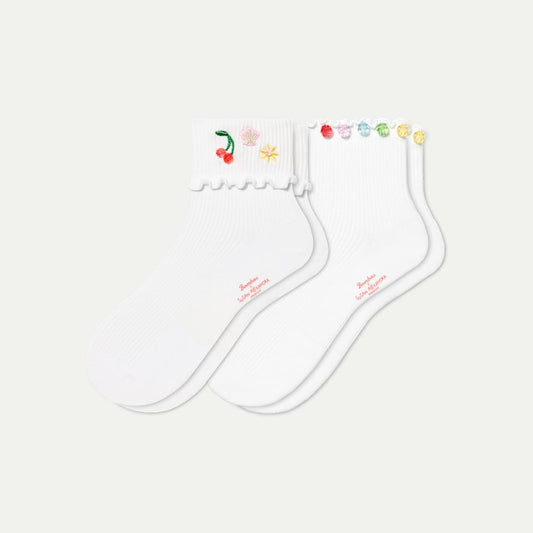 Bombas x Susan Alexandra Embellished Ruffle Rib Quarter Sock 2-Pack - White Cherry Mix L