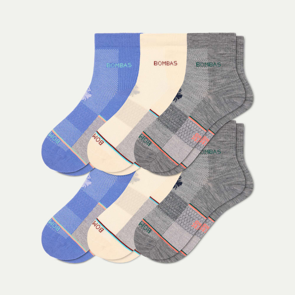 Women's UltraLite Sport Merino Wool Blend Quarter Sock 6-Pack - white hydrangea mix L
