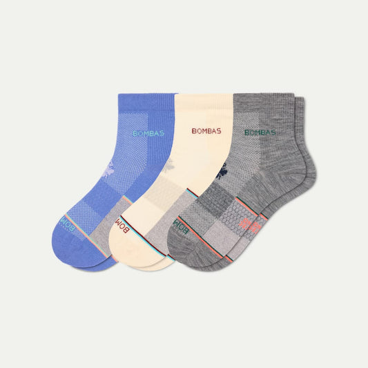 Women's UltraLite Sport Merino Wool Blend Quarter Sock 3-Pack - white hydrangea mix L